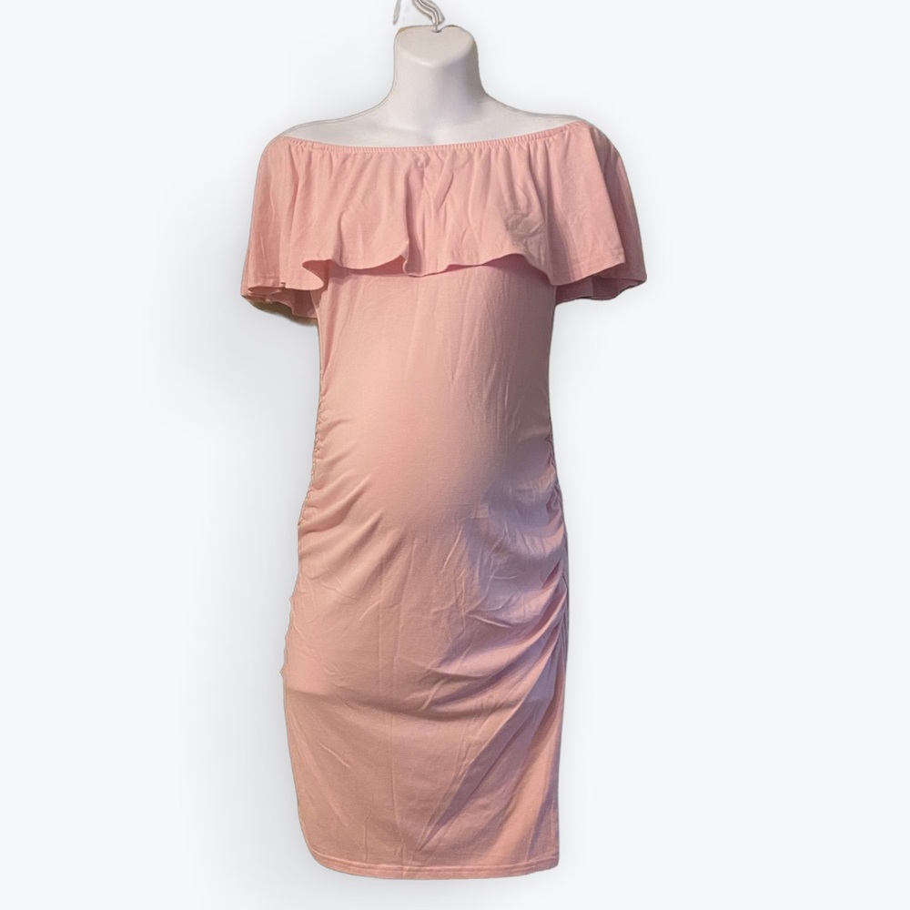 Pink Off-Shoulder Ruffle Maternity Dress